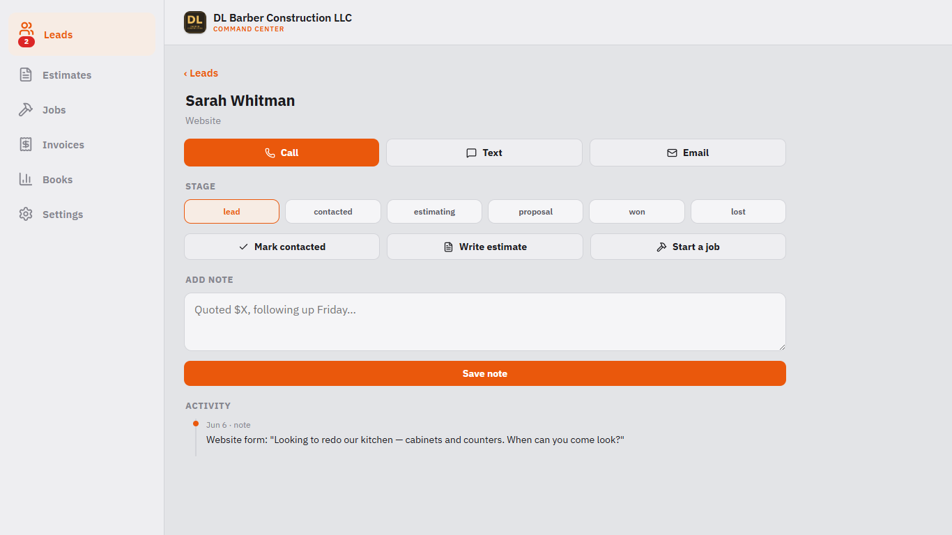 Customer screen — call, text, email, and pipeline