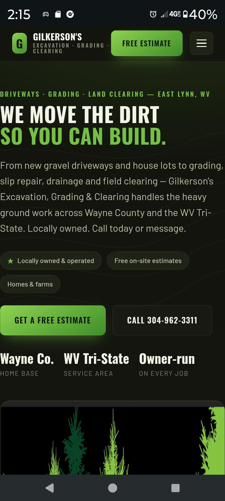 A Gilkerson's Excavation one-page site on a phone